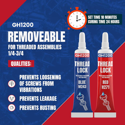 -6Gx2 Pack Thread Lock Medium and Strong Strength for Nuts, Bolts, and Metals, Threadlocker Lock Tight & Seal Fasteners with Stable and Consistent Performance