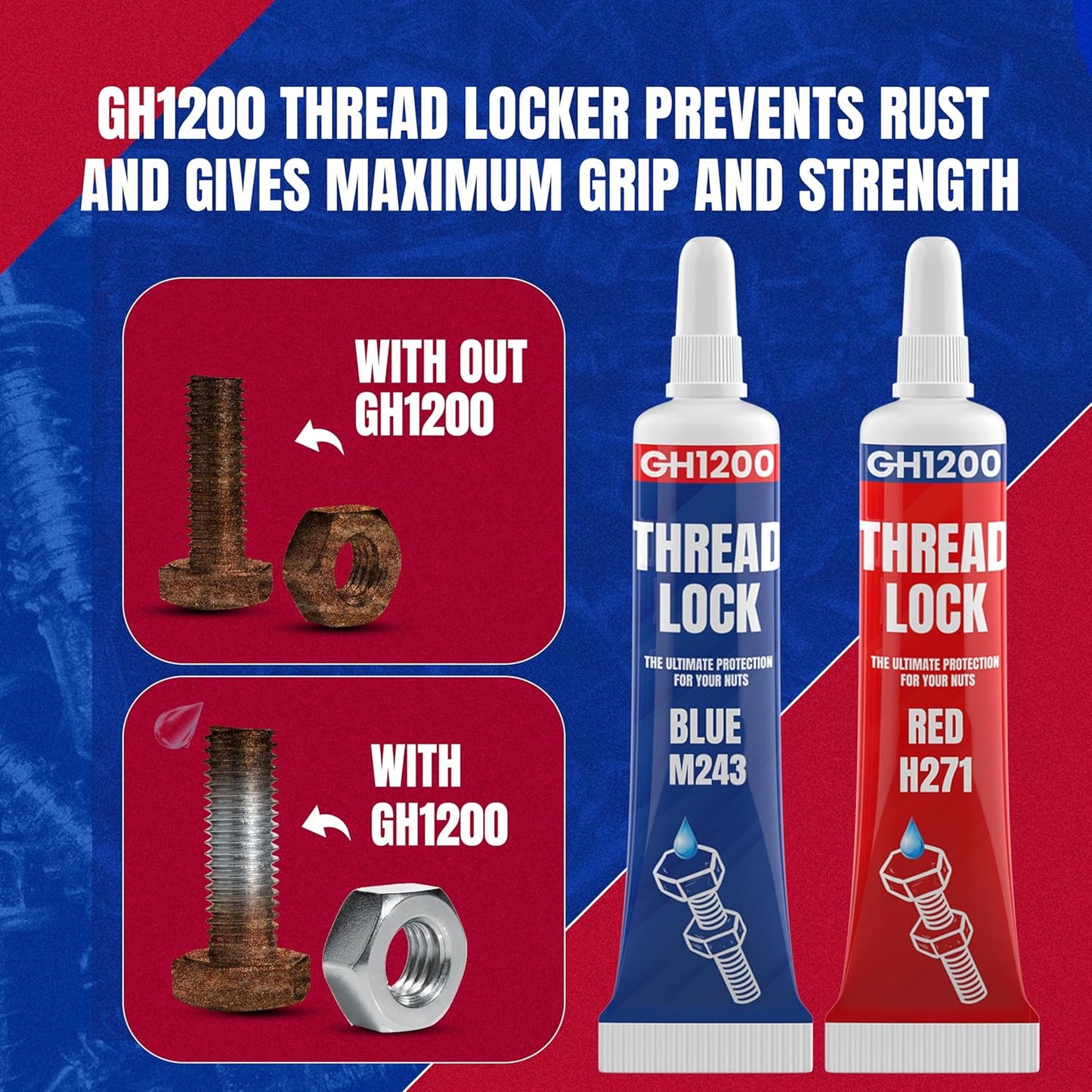 -6Gx2 Pack Thread Lock Medium and Strong Strength for Nuts, Bolts, and Metals, Threadlocker Lock Tight & Seal Fasteners with Stable and Consistent Performance